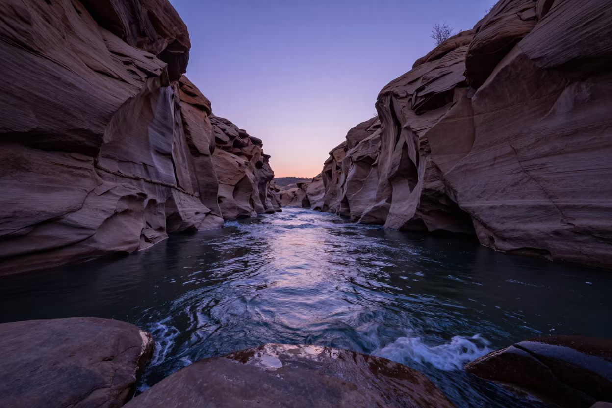 Blue Hour Canyon Shoreline Reflections in along a wave-cut shoreline in Rajasthan
