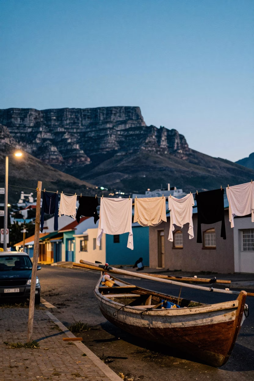 Blue Hour Cape Town Street Scene with Clothesline and Wooden Dhow Construction in in Cape Town, South Africa