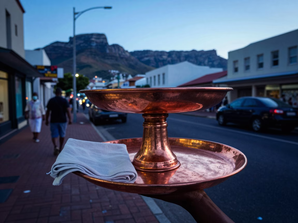 Blue Hour Cape Town Street Scene with Copper Tray and Linen Napkin in in Cape Town, South Africa