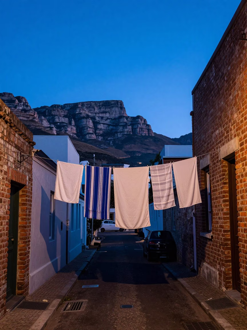 Blue Hour Cape Town Street Scene with Drying Towels and Vintage Details in in Cape Town, South Africa
