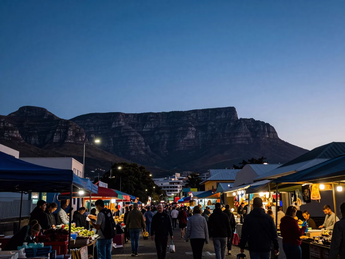 Blue Hour Cape Town Street Scene with Table Mountain and Local Market Activity in in Cape Town, South Africa