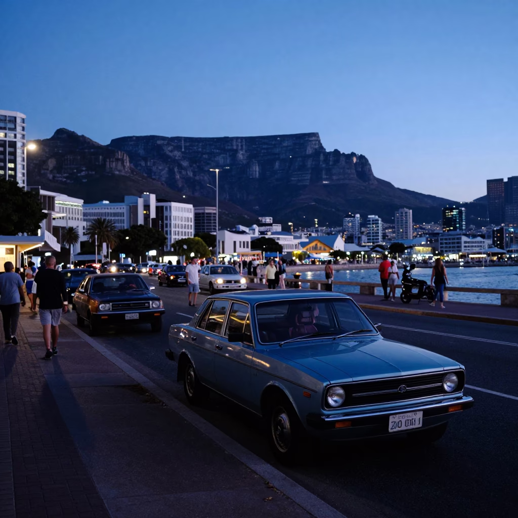 Blue Hour Cape Town Street Scene with Vintage 1980s Details and Local Life in in Cape Town, South Africa