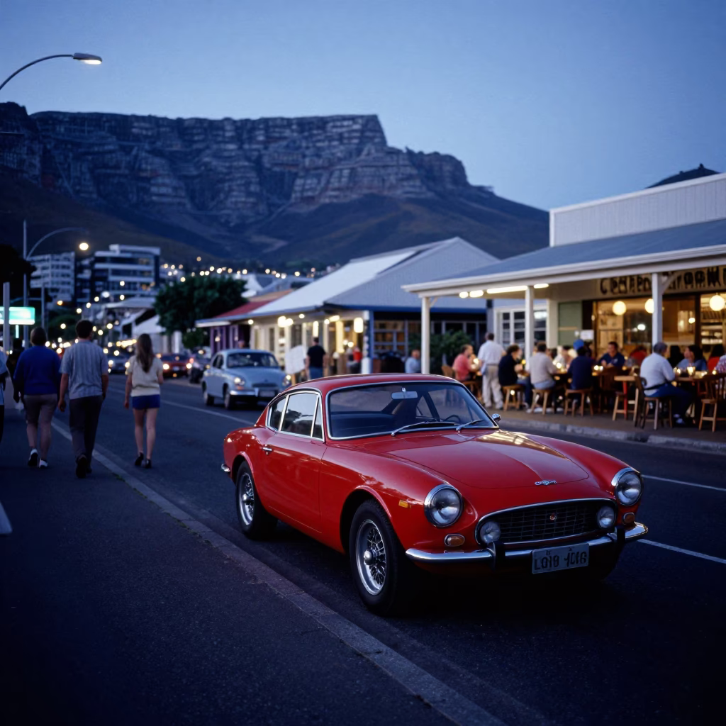 Blue Hour Cape Town Street Scene with Vintage Car and Local Dining in in Cape Town, South Africa