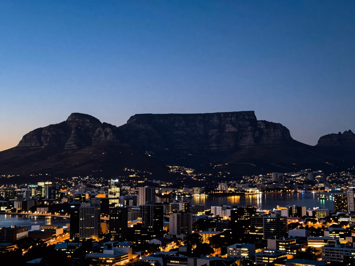 Blue Hour Cape Town Table Mountain Silhouette and City Lights Reflection in in Cape Town, South Africa