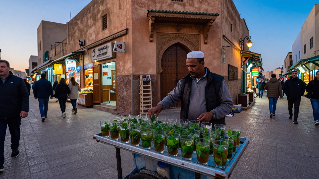 Blue Hour Casablanca Street Scene with Glass Tumblers and Local Commerce in in Casablanca, Morocco