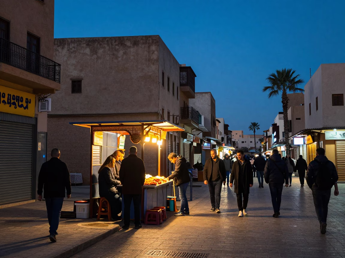 Blue Hour Casablanca Street Scene with Traditional Moroccan Moussaka and Urban Evening Ambiance in in Casablanca, Morocco