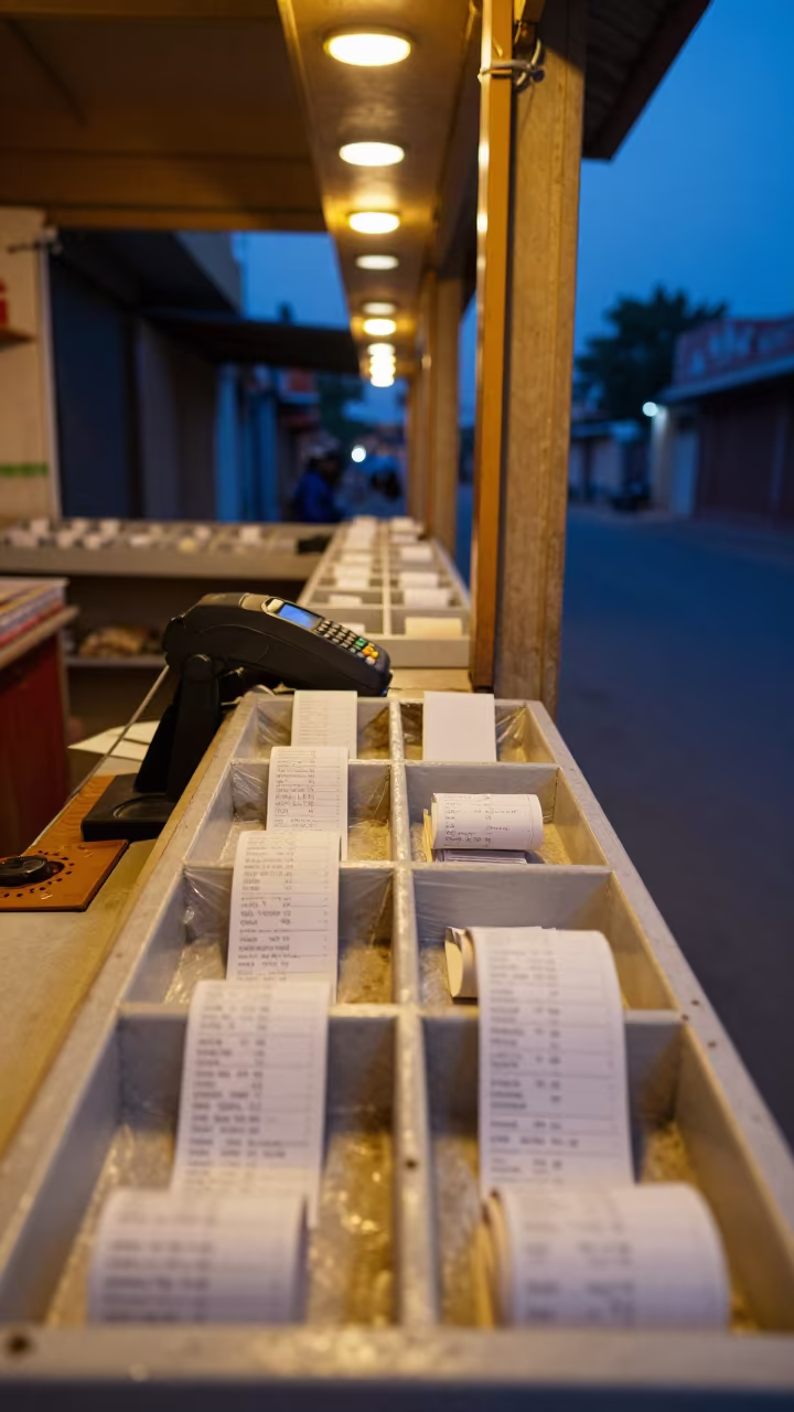 Blue Hour Cash Wrap with Receipts and Bags in Mandsaur in at a cash wrap counter with bags and receipts nearby in Mandsaur