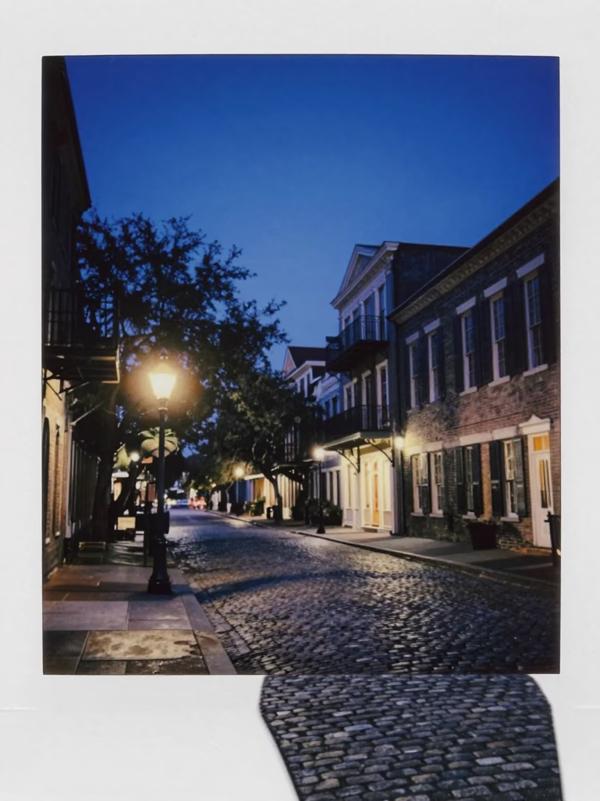 Blue Hour Charleston SC Street Scene with Historic Architecture and Local Life in in Charleston, South Carolina, United States