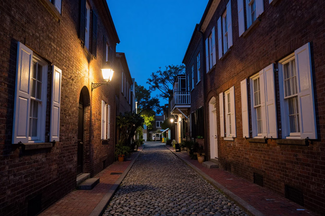 Blue Hour Charleston South Carolina Street Scene with Historic Brick and Lanterns in in Charleston, South Carolina, United States