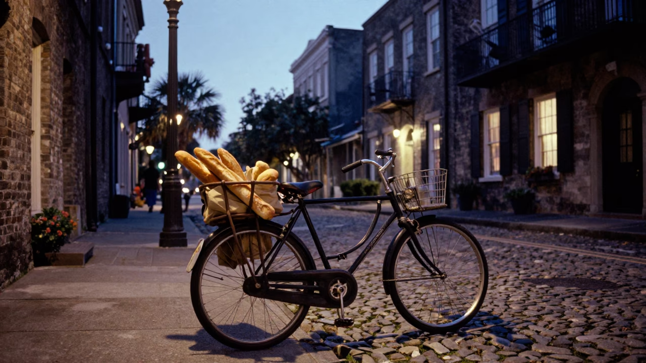 Blue Hour Charleston South Carolina Street Scene with Vintage Bicycle and Baguettes in in Charleston, South Carolina, United States