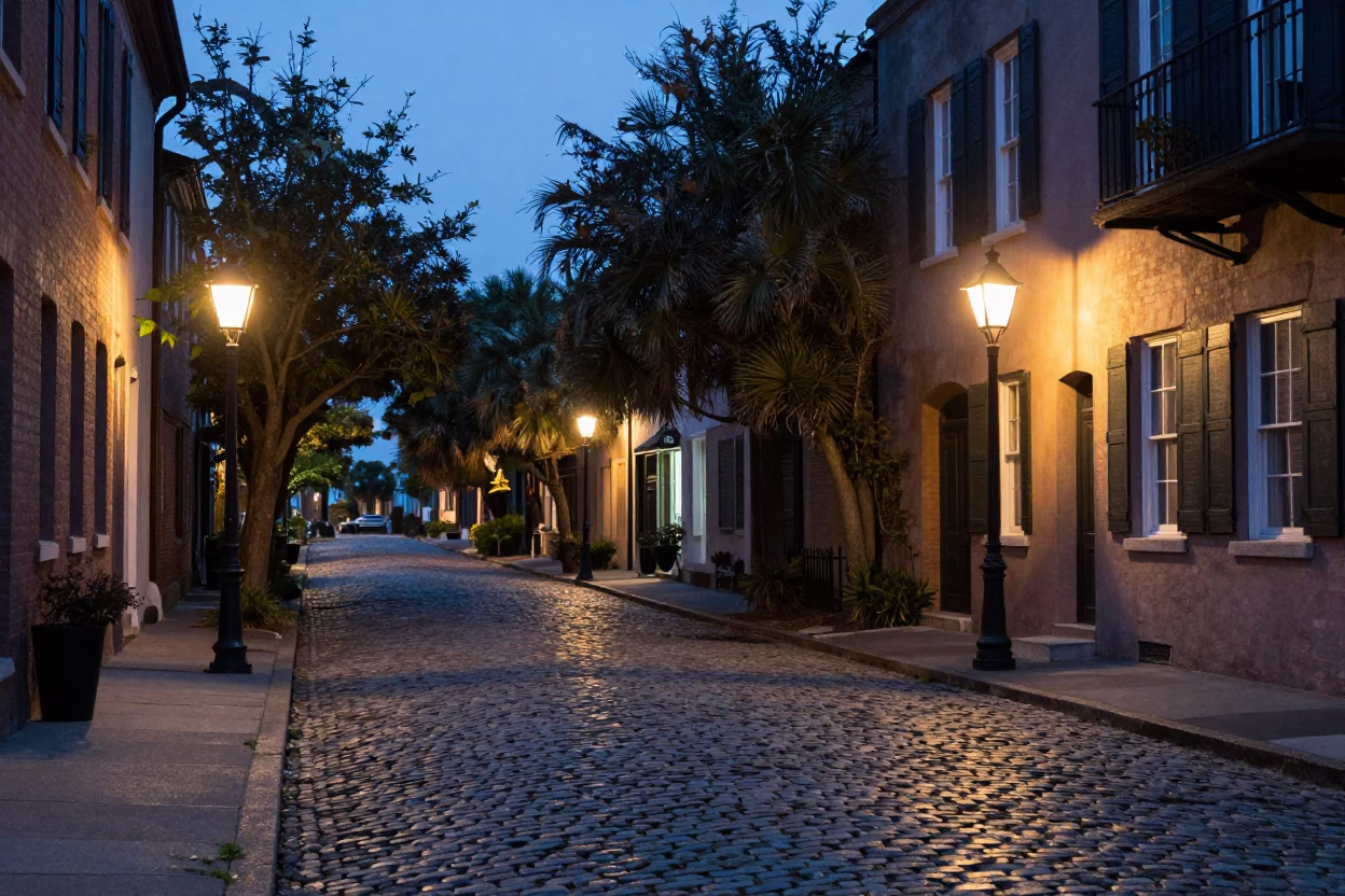 Blue Hour Charleston Street Scene with Cobblestones and Historic Architecture in in Charleston, South Carolina, United States