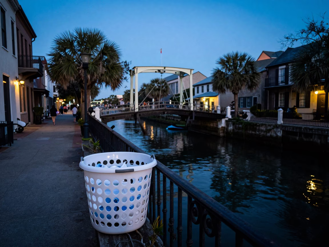 Blue Hour Charleston Street Scene with Laundry Basket and Drawbridge Counterweight in in Charleston, South Carolina, United States