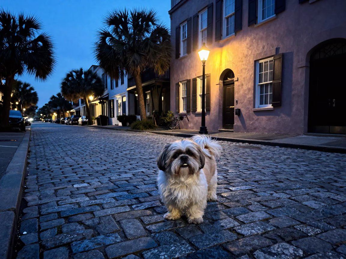 Blue Hour Charleston Street Scene with Shih Tzu and Local Details in in Charleston, South Carolina, United States