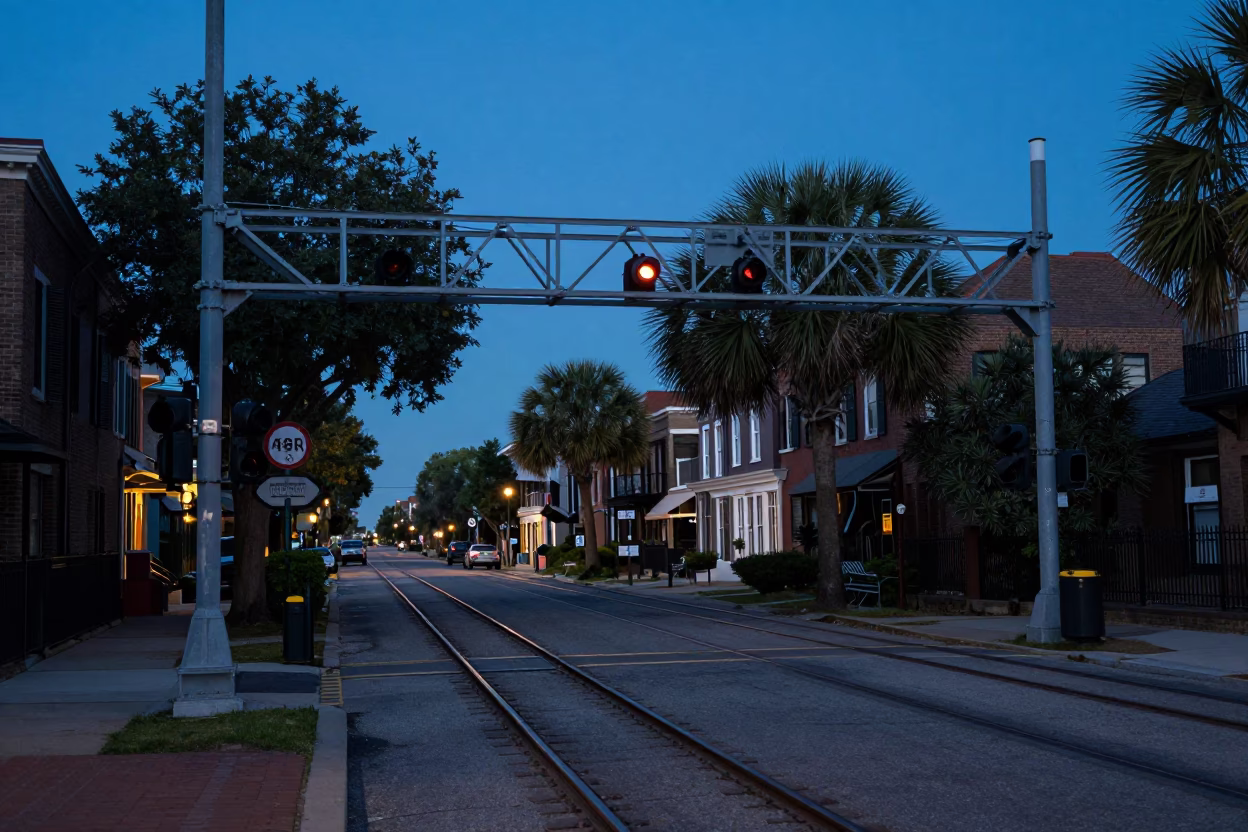 Blue Hour Charleston Street Scene with Signal Gantry and Rail Lines in in Charleston, South Carolina, United States
