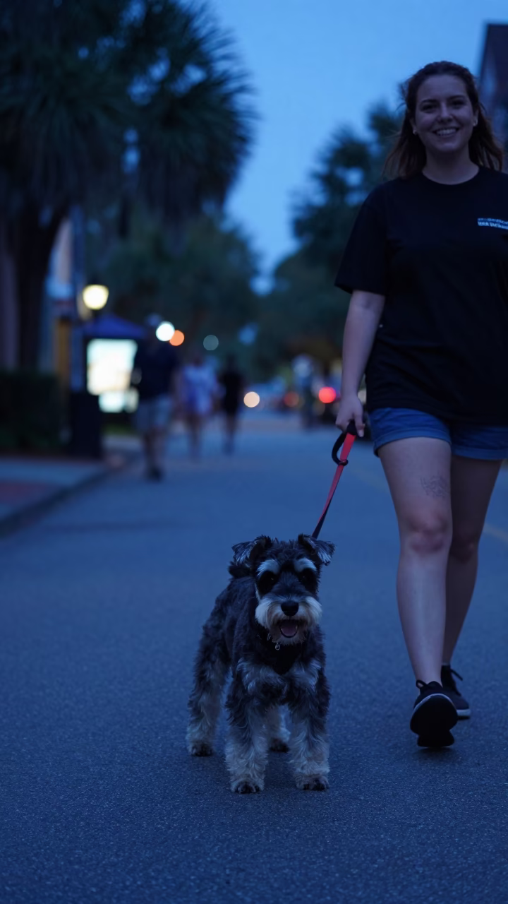 Blue Hour Charleston Street Scene with Standard Schnauzer and Local Pedestrians in in Charleston, South Carolina, United States