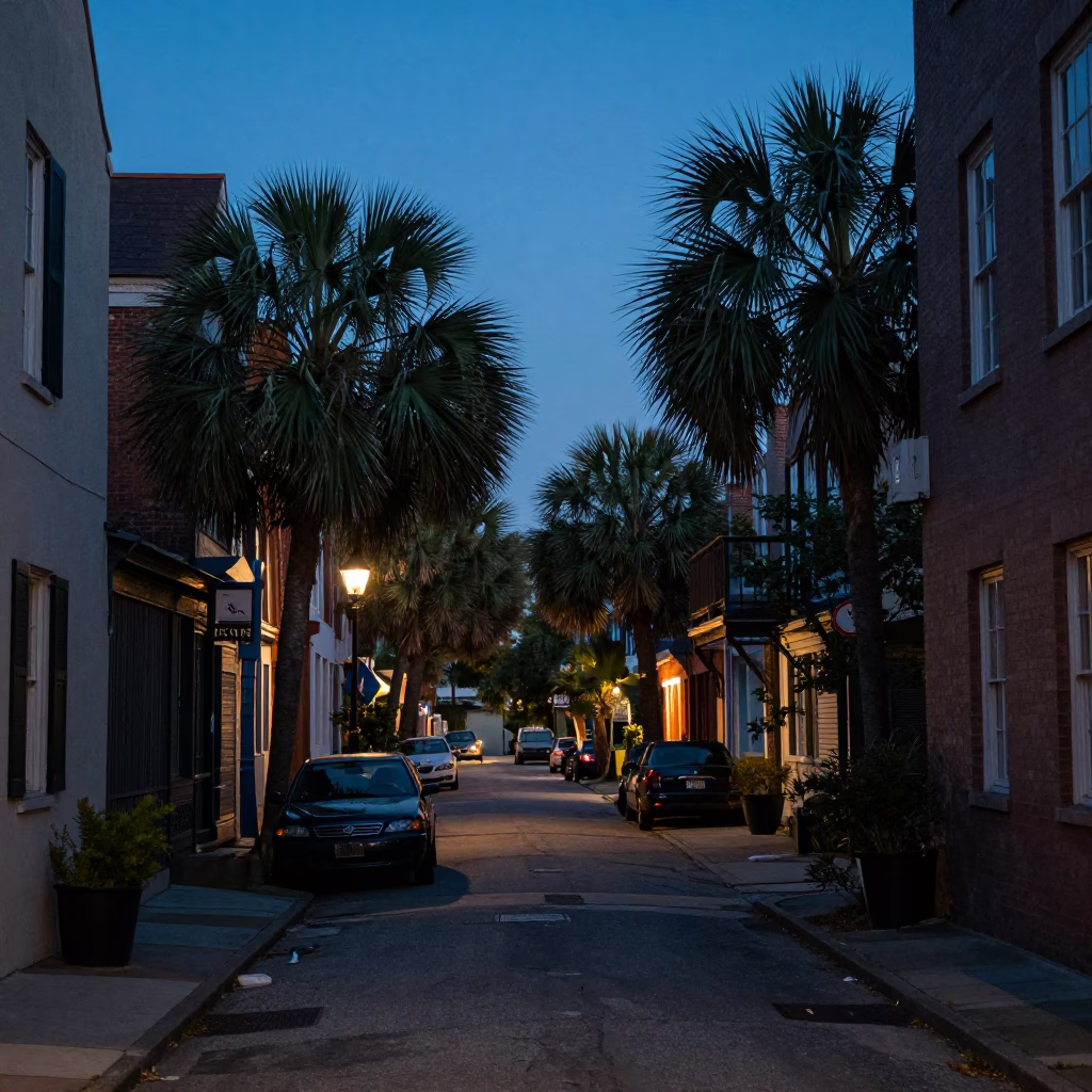 Blue Hour Charleston Street Scene with Vintage 90s Aesthetic and Local Details in in Charleston, South Carolina, United States