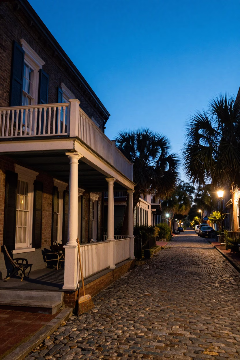 Blue Hour Charleston Street Scene with Vintage Broom and Historic Architecture in in Charleston, South Carolina, United States