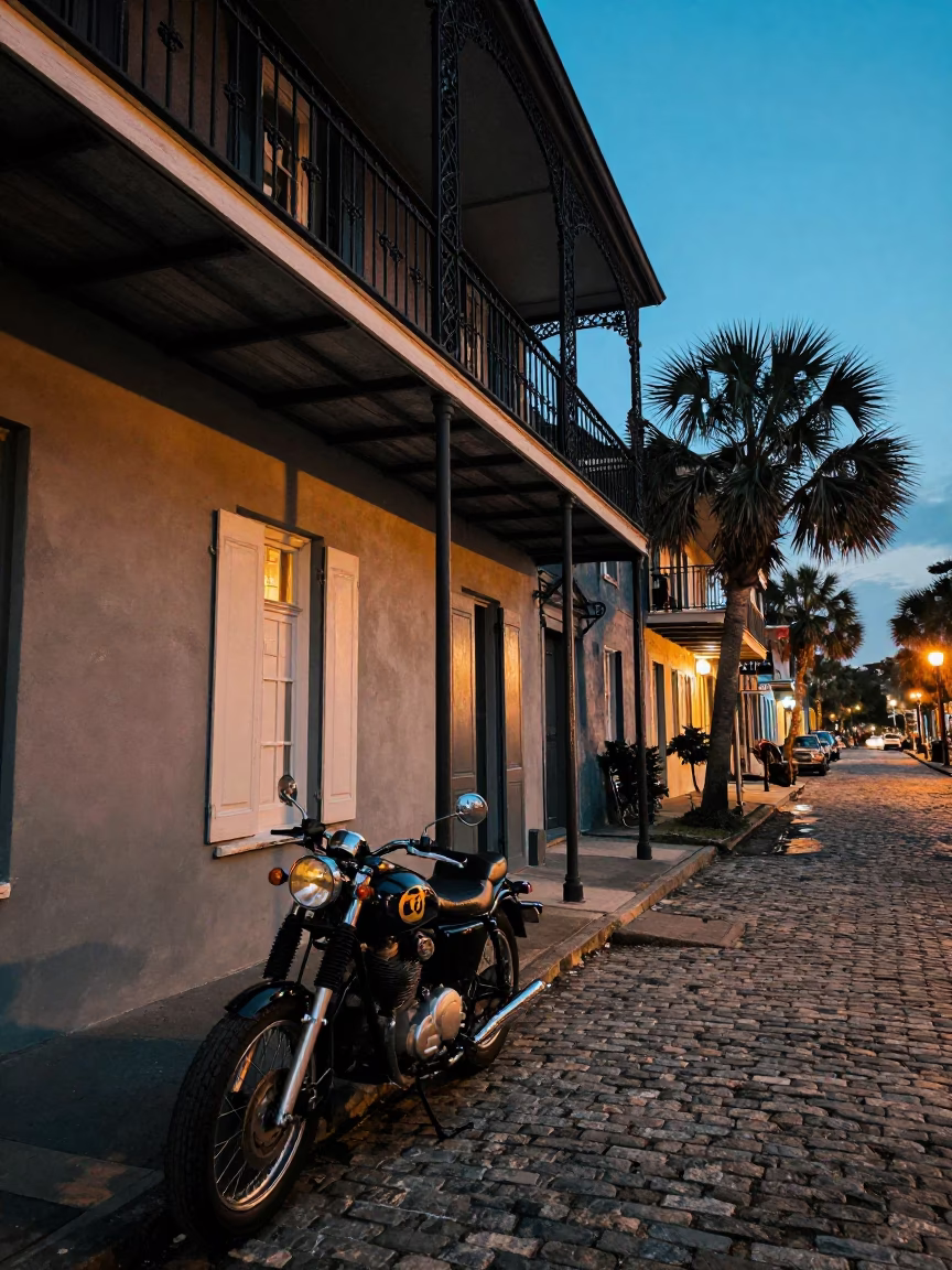 Blue Hour Charleston Street Scene with Vintage Motorcycle and Historic Architecture in in Charleston, South Carolina, United States