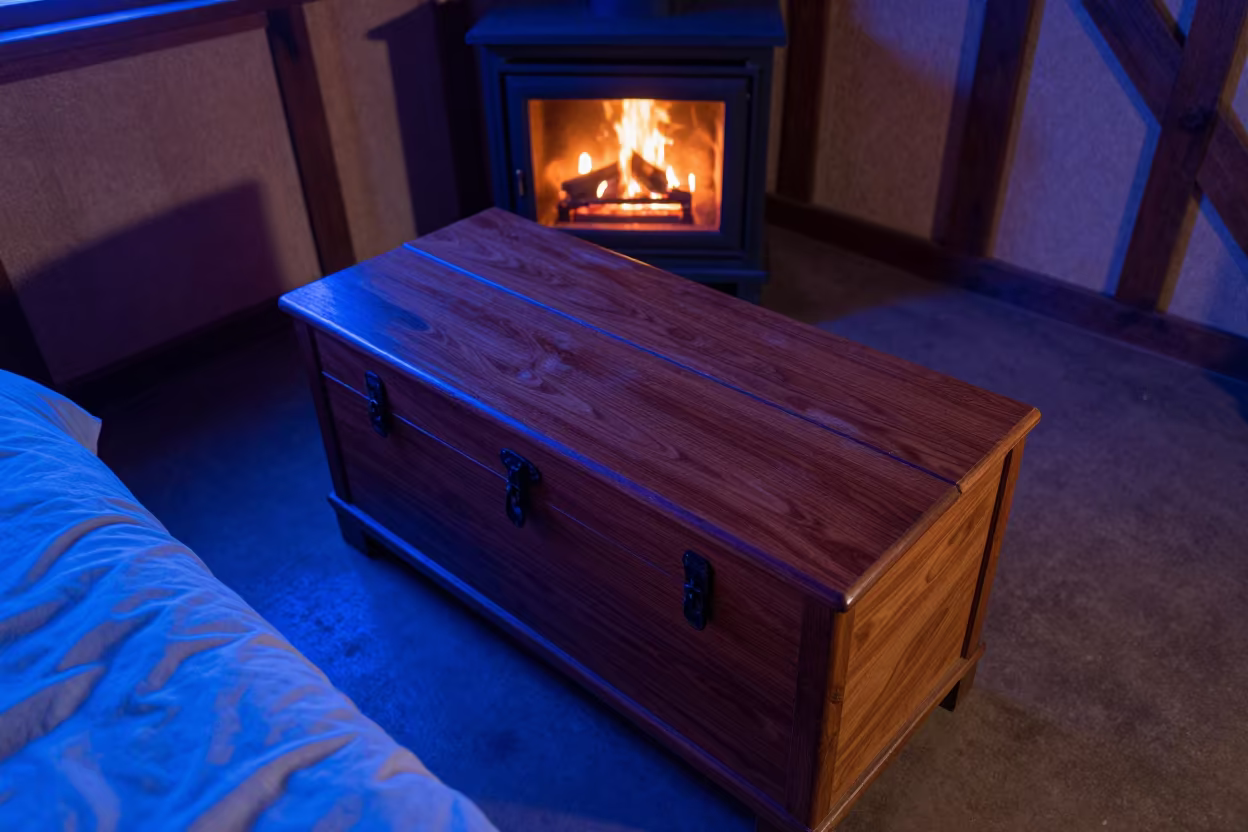 Blue Hour Chest in Owerri Timber Room in by a crackling fireplace in Owerri