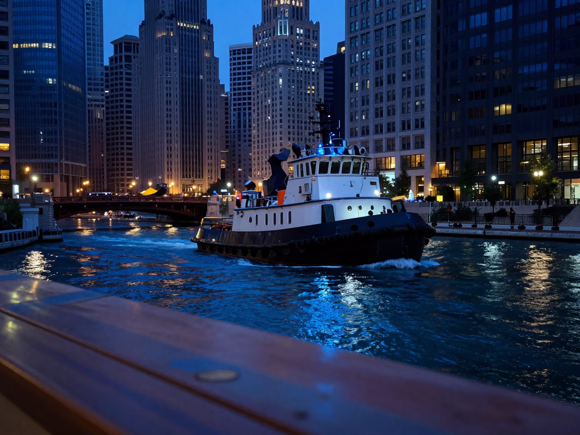 Blue Hour Chicago Harbor Tugboat and Greasy Tabletop with Ethiopian Injera and Bibim Guksu in in Chicago, Illinois, United States