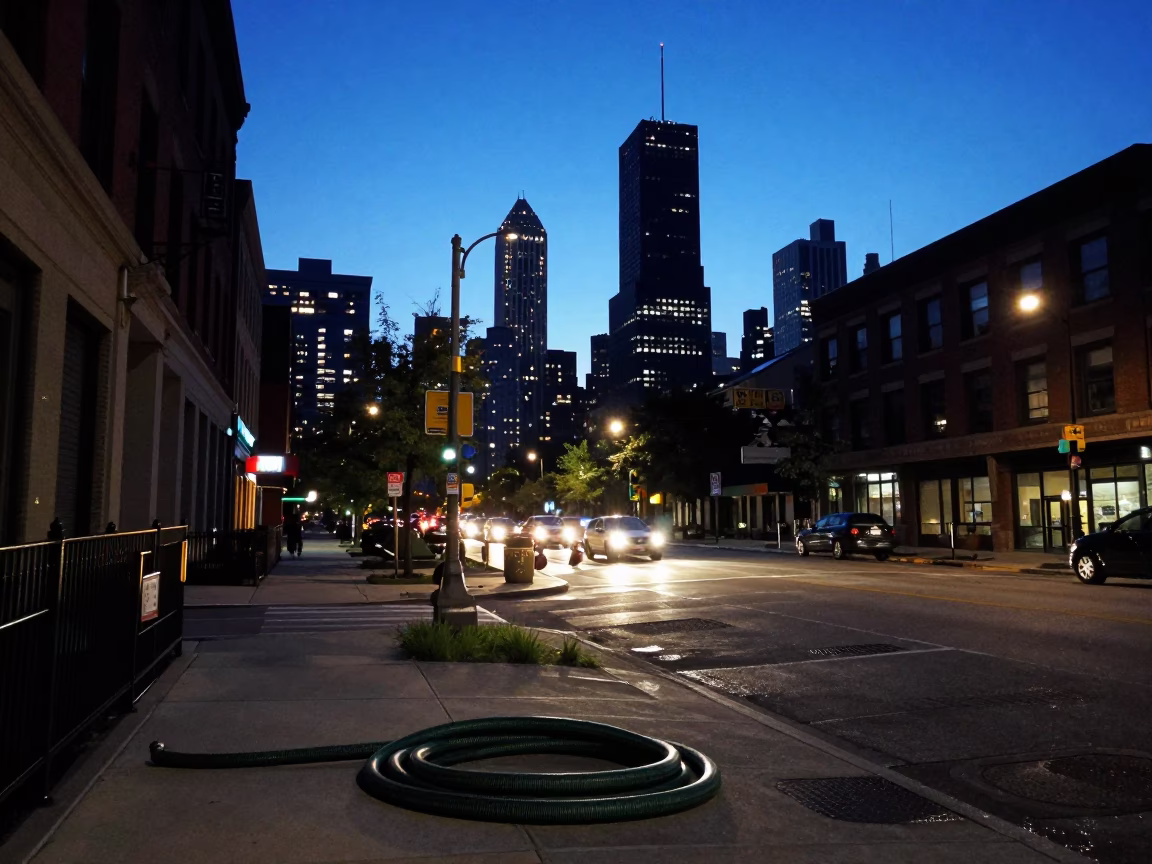 Blue Hour Chicago Street Scene with Garden Hose and City Lights in in Chicago, Illinois, United States
