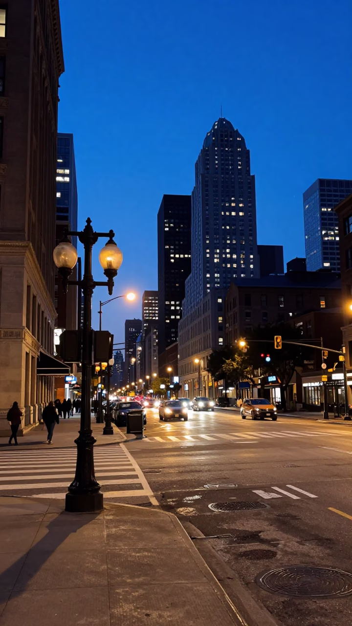 Blue Hour Chicago Street Scene with Lantern and Traffic Shadows in in Chicago, Illinois, United States