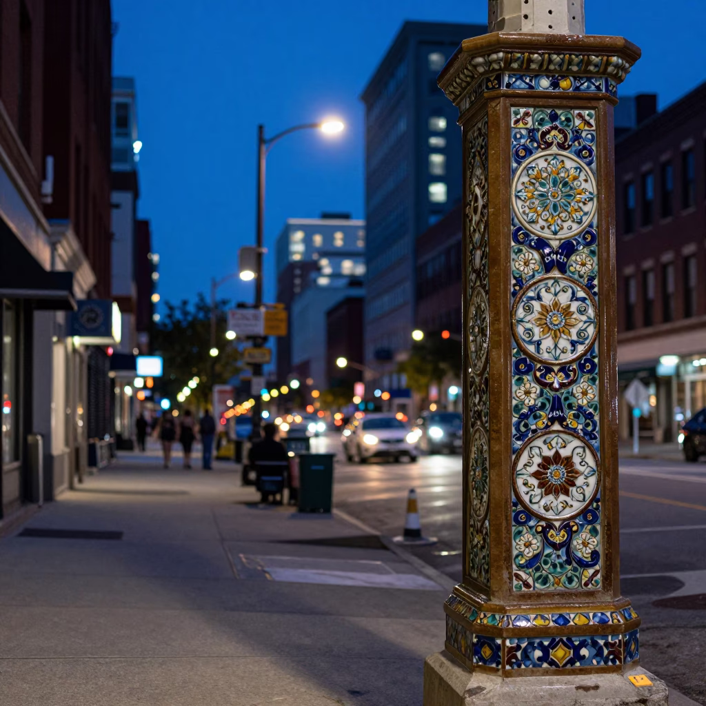 Blue Hour Chicago Street Scene with Latch and Majolica Glaze Details in in Chicago, Illinois, United States