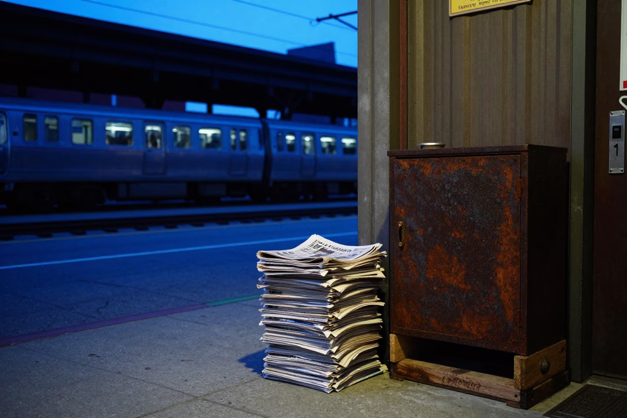 Blue Hour Chicago Street Scene with Newspaper Stack and Rusty Cabinet Door in in Chicago, Illinois, United States