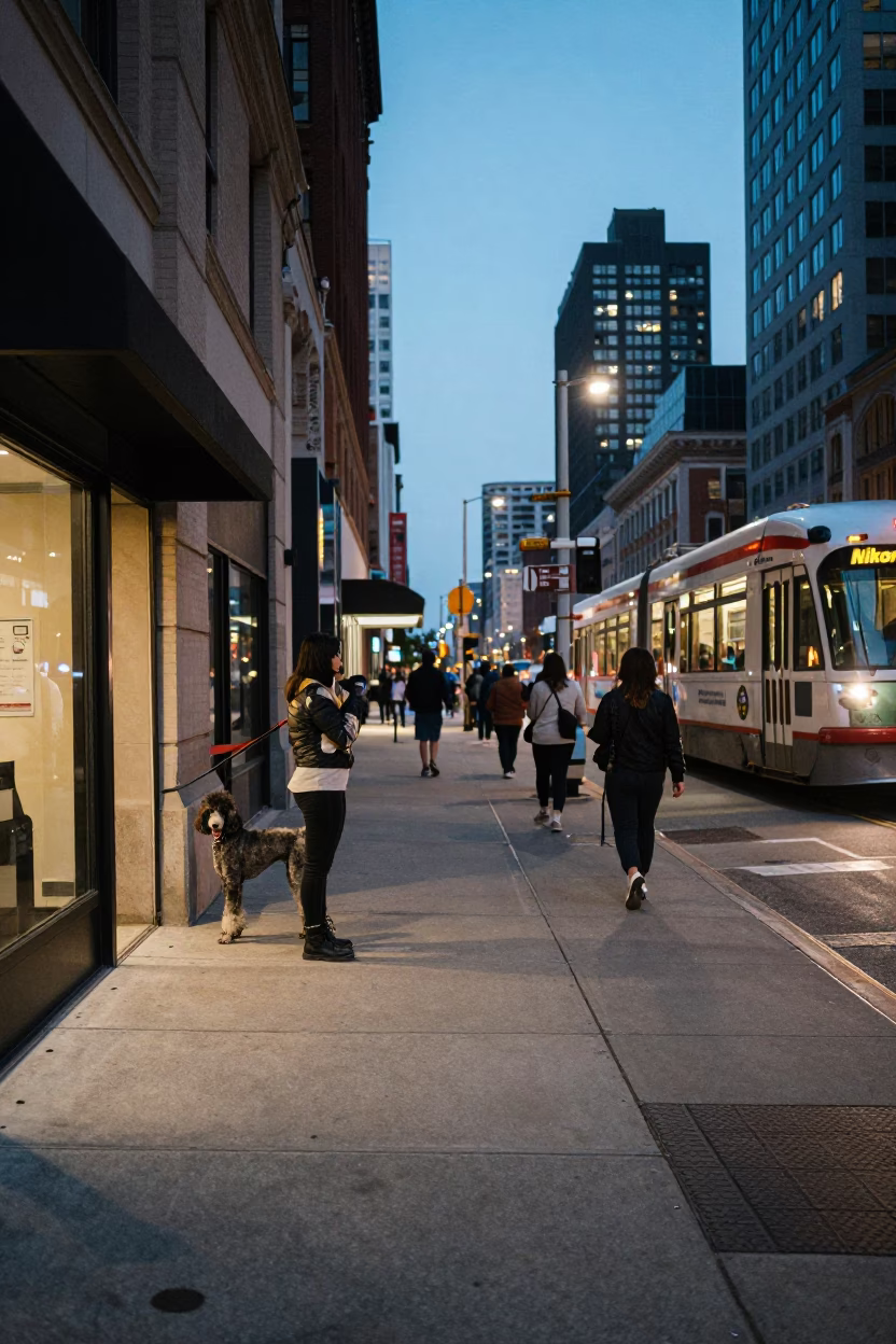 Blue Hour Chicago Street Scene with Poodle and Urban Details in in Chicago, Illinois, United States
