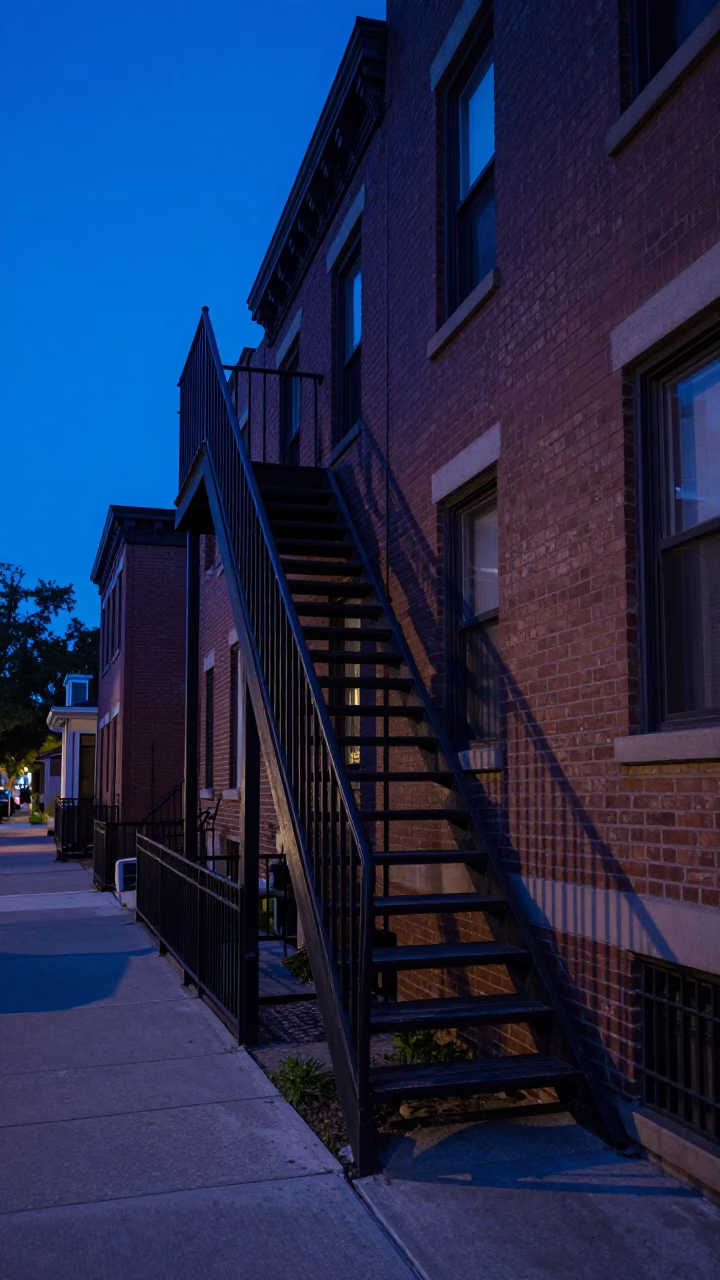 Blue Hour Chicago Street Scene with Stair Rail and Window Light on Countertop in in Chicago, Illinois, United States