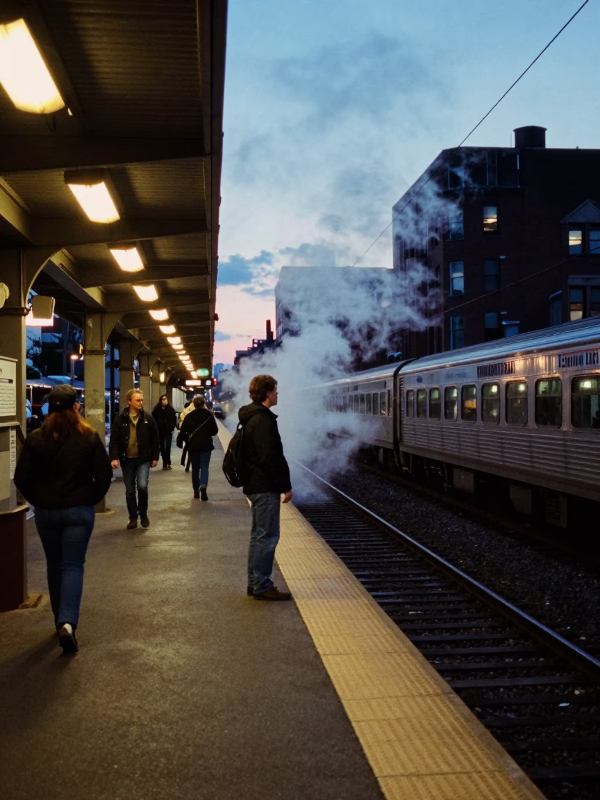 Blue Hour Chicago Street Scene with Train Platform Steam and Farewell Embraces in in Chicago, Illinois, United States