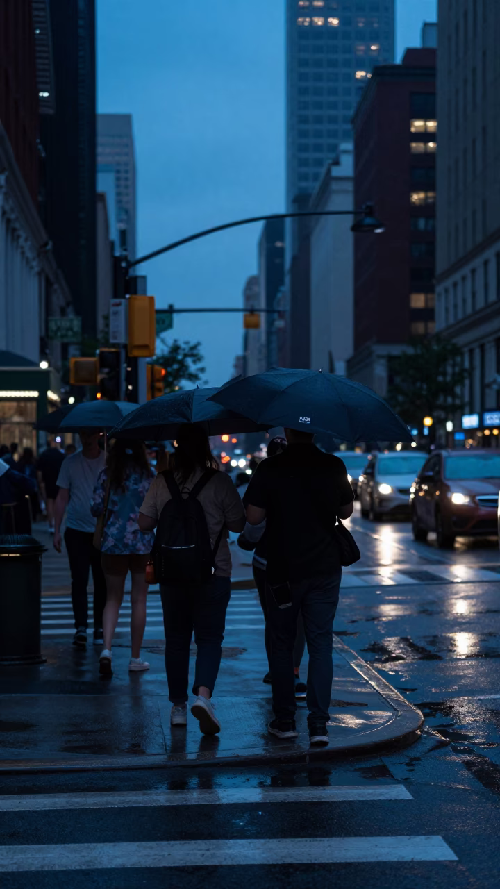 Blue Hour Chicago Street Scene with Umbrellas and Urban Life in in Chicago, Illinois, United States
