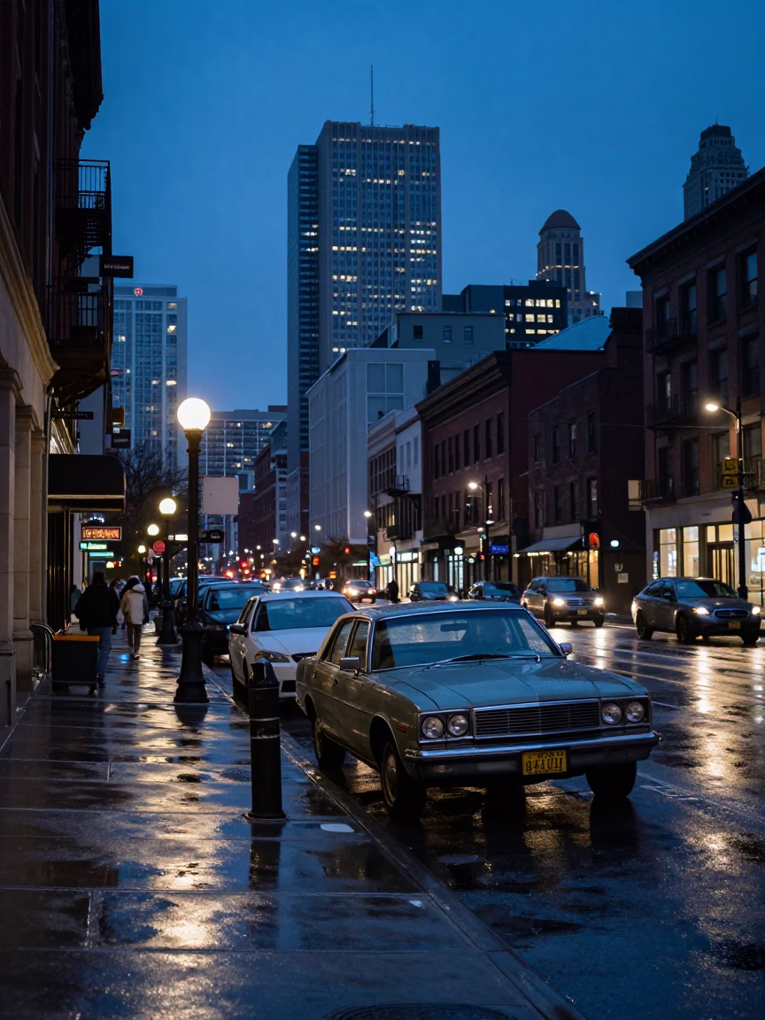 Blue Hour Chicago Street Scene with Vintage Car and Rain-Slicked Sidewalk in in Chicago, Illinois, United States