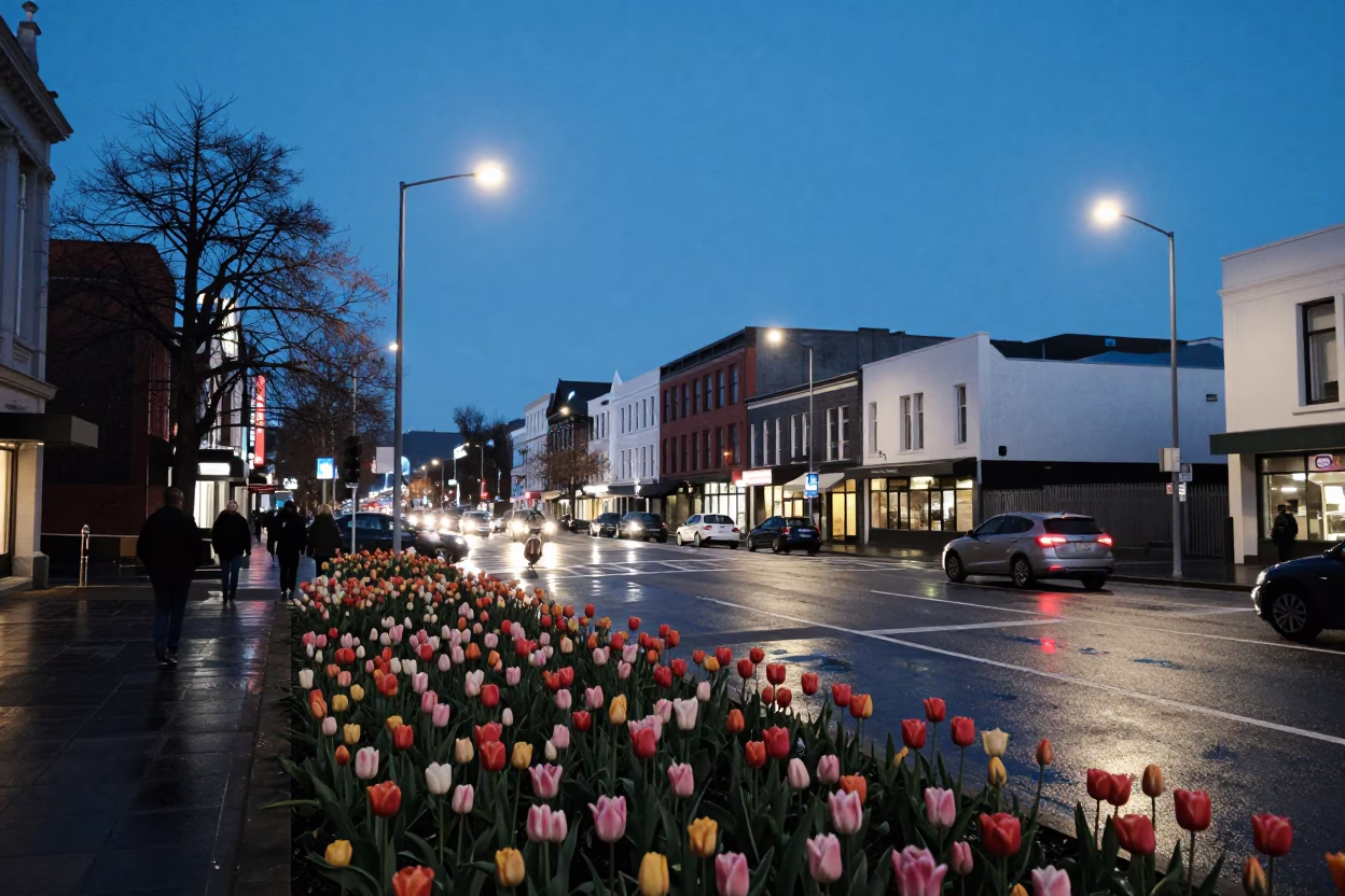 Blue Hour Christchurch Street Scene with Tulips and Urban Life in in Christchurch, New Zealand