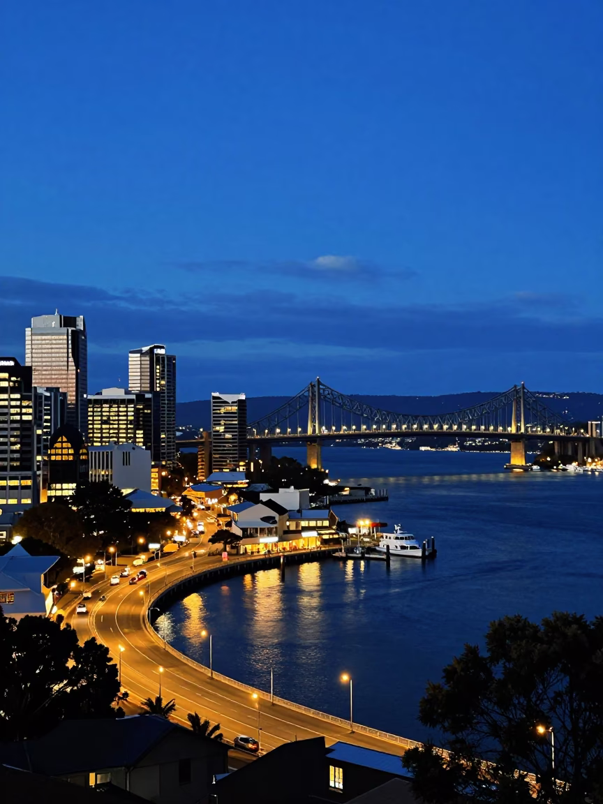 Blue Hour Cityscape of Hobart Tasmania Australia with Bridge and Harbor Lights in in Hobart, Tasmania, Australia