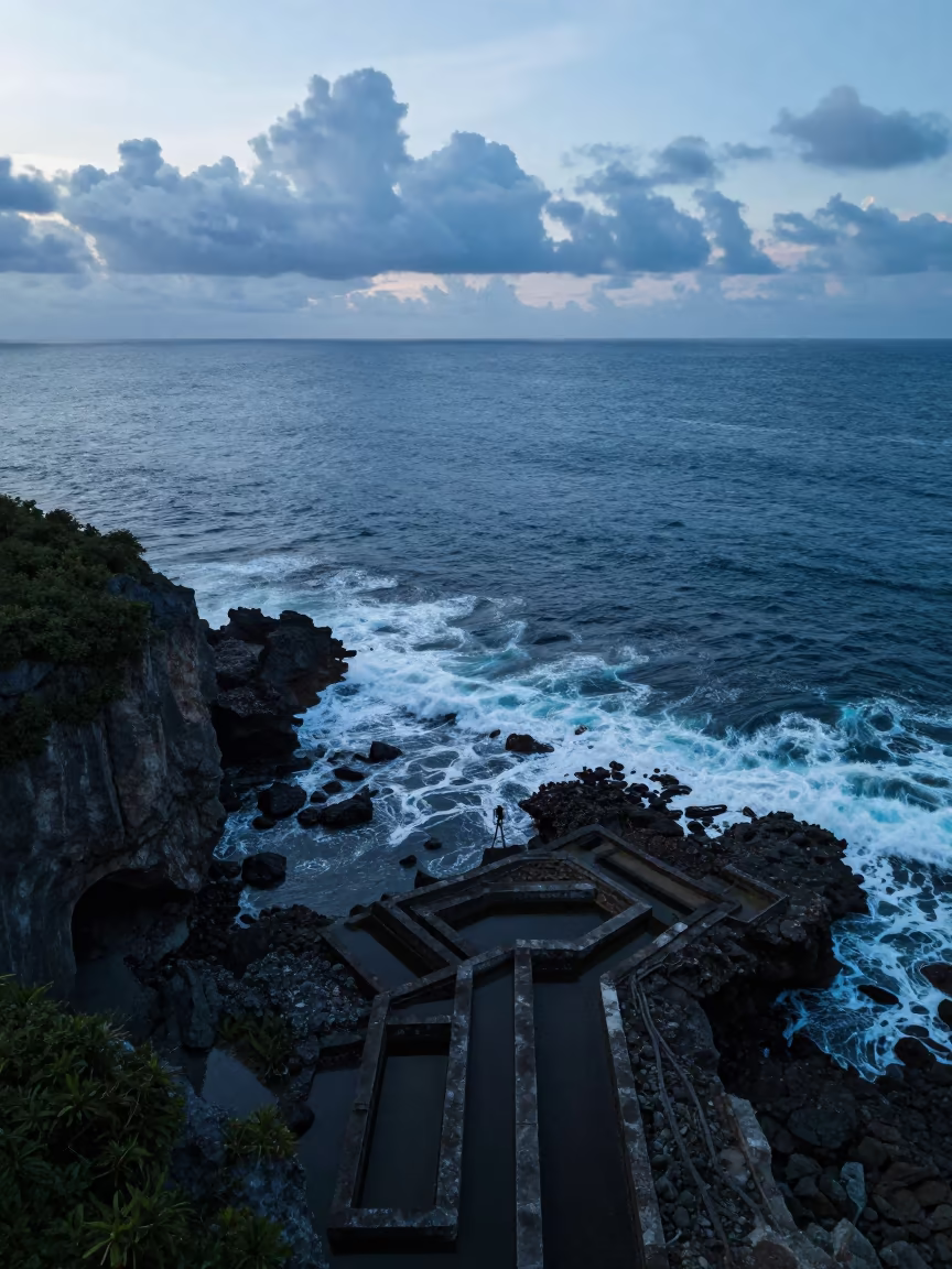 Blue Hour Cliffs Bitten by Surf Above Irrigation in high above irrigation geometry in Philippines