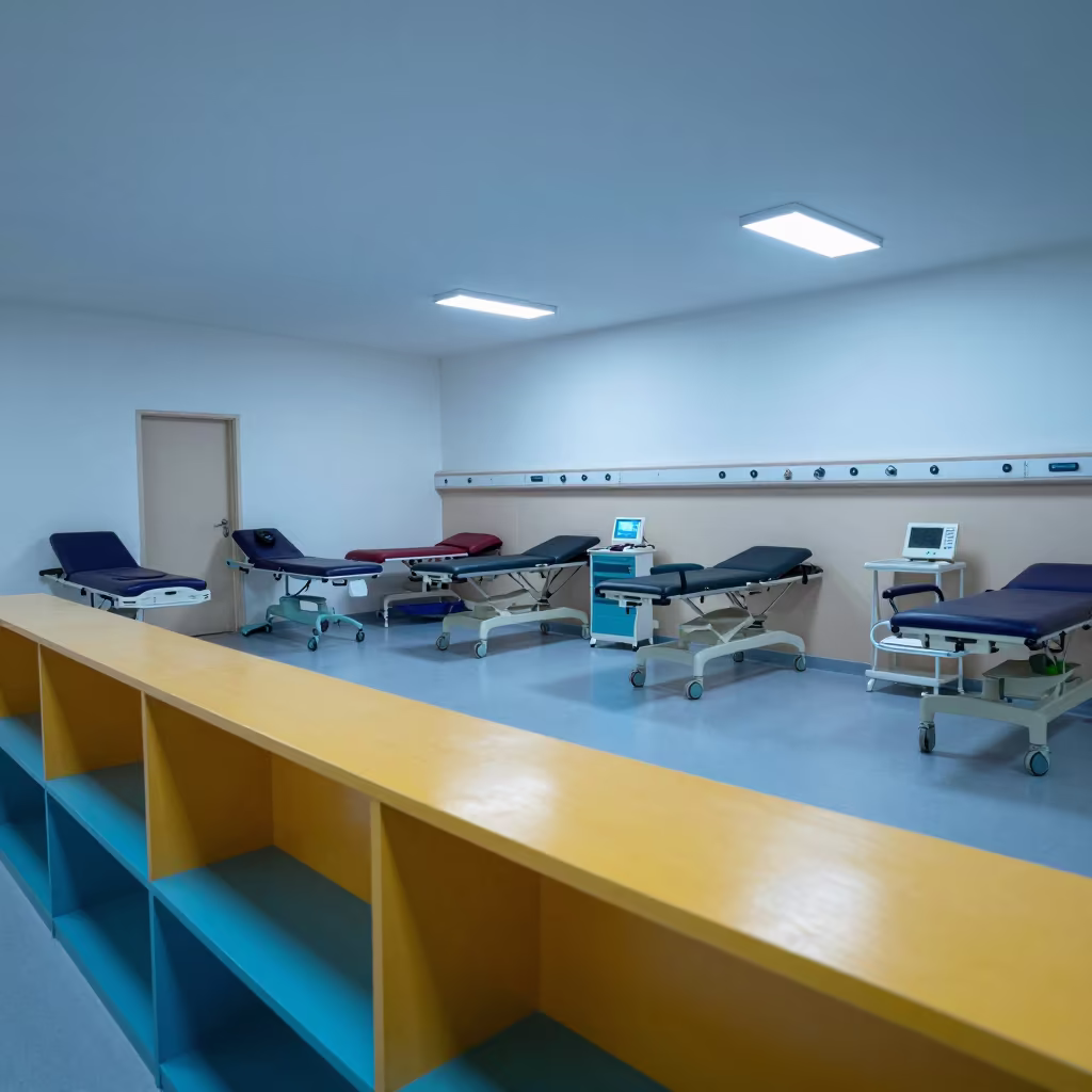 Blue Hour Clinical Shelf Recovery Area in inside a recovery area with treatment stations aligned in Muzaffarpur