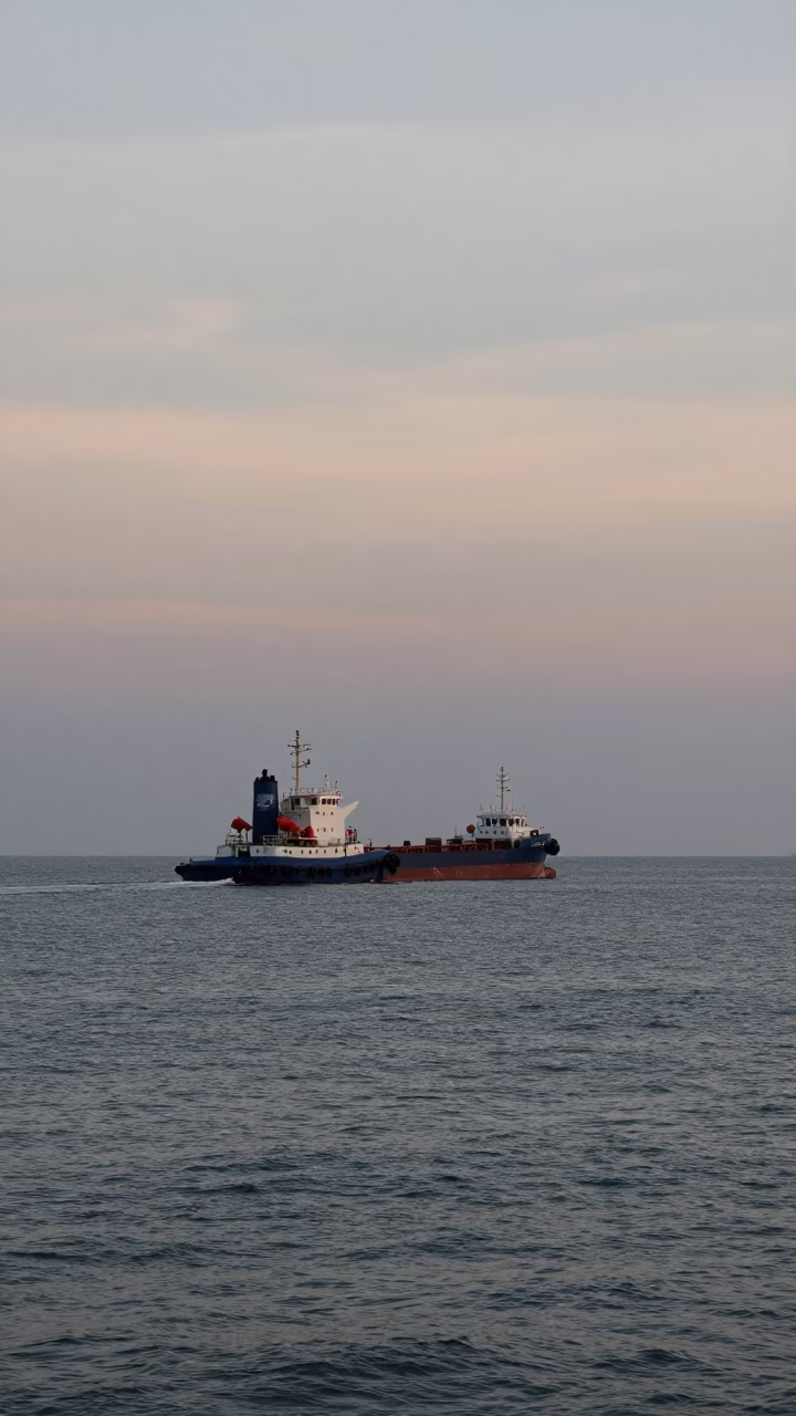 Blue Hour Coastal Scene in Phuket Thailand with Tugboat Fleet Guiding Tanker at Night in in Phuket, Thailand
