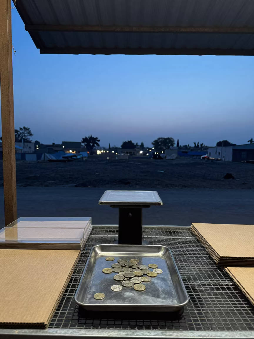 Blue Hour Coin Scale on Burewala Storefront in beneath a shop awning at blue hour in Burewala