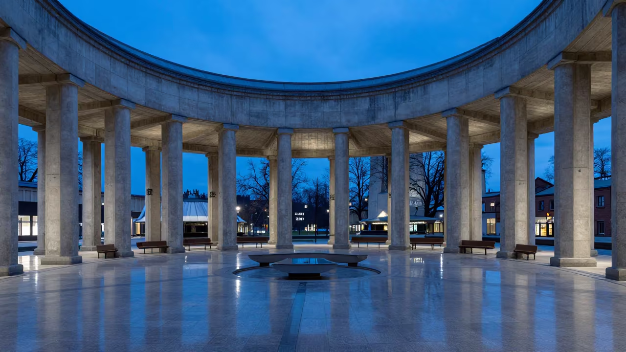 Blue Hour Colonnade Reflections in Torun Lobby in inside a ribbed concrete lobby in Torun