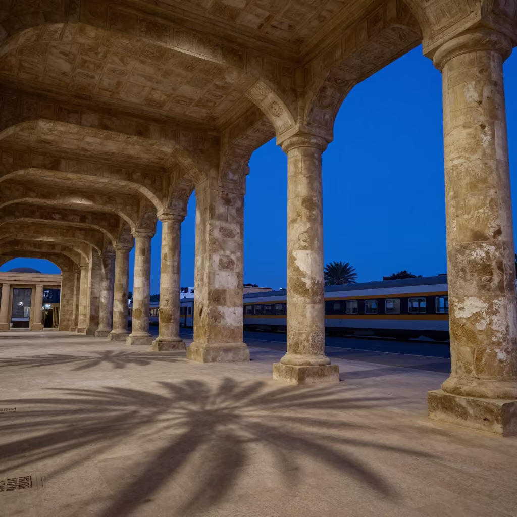 Blue Hour Colonnade Shadows in N'Djamena Terminal in inside a restored train terminal in N'Djamena