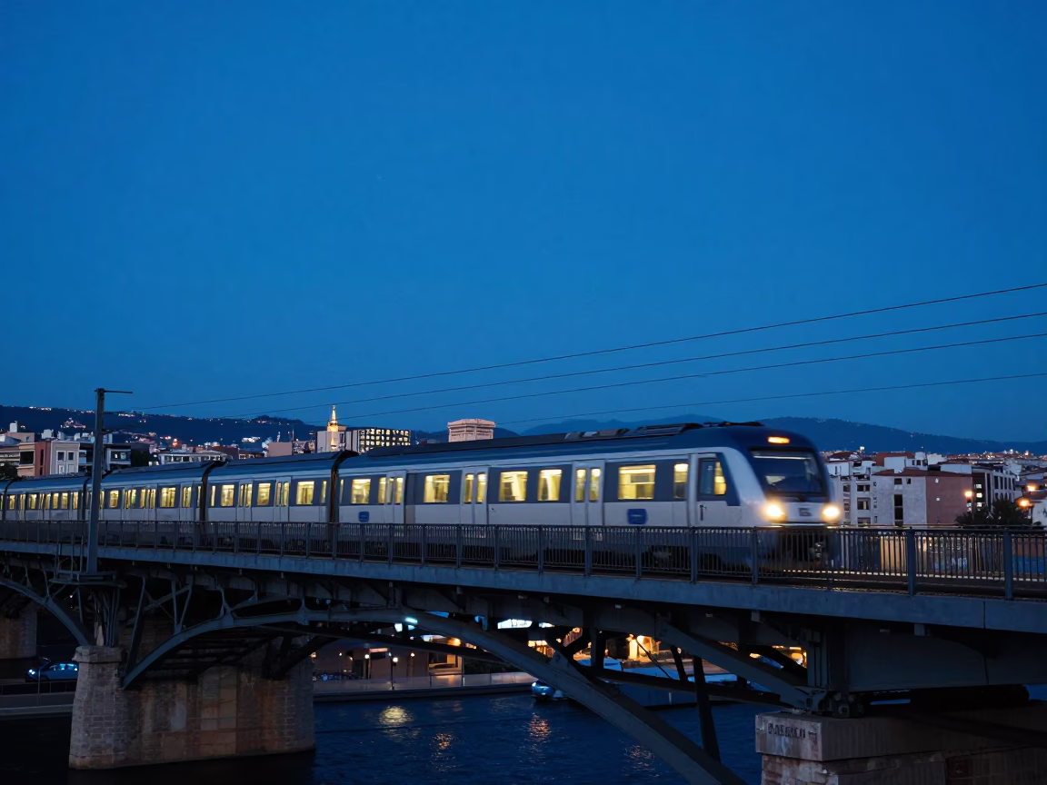 Blue Hour Commuter Train Crossing Bridge in Barcelona Spain Evening Light in in Barcelona, Spain