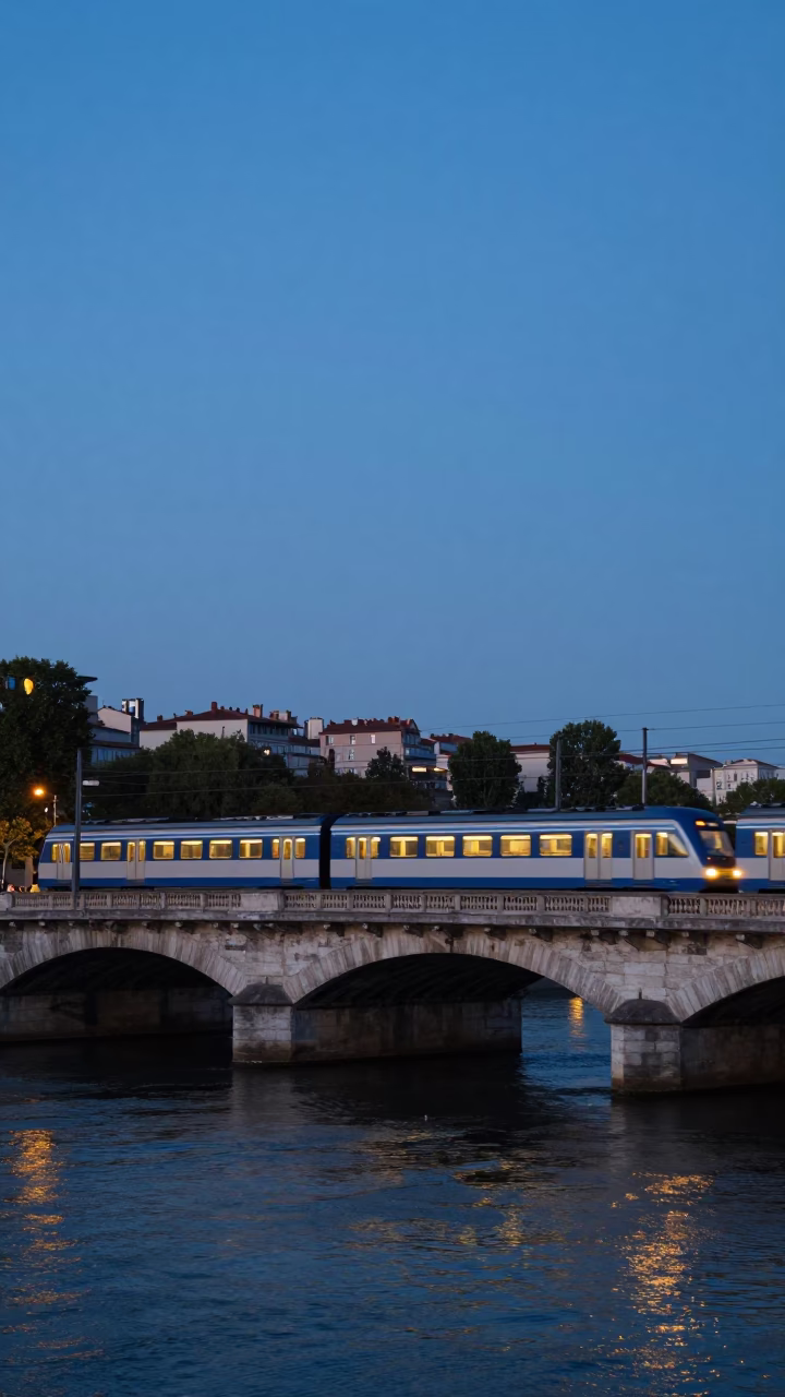 Blue Hour Commuter Train Crossing Bridge in Lyon France at Dusk in in Lyon, France