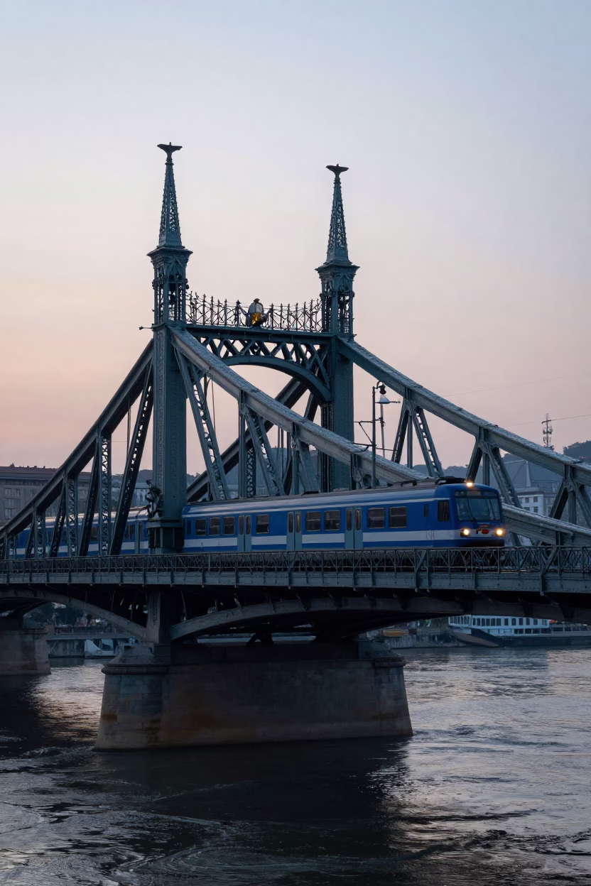 Blue Hour Commuter Train Crossing Chain Bridge in Budapest Hungary Before Sunrise in in Budapest, Hungary