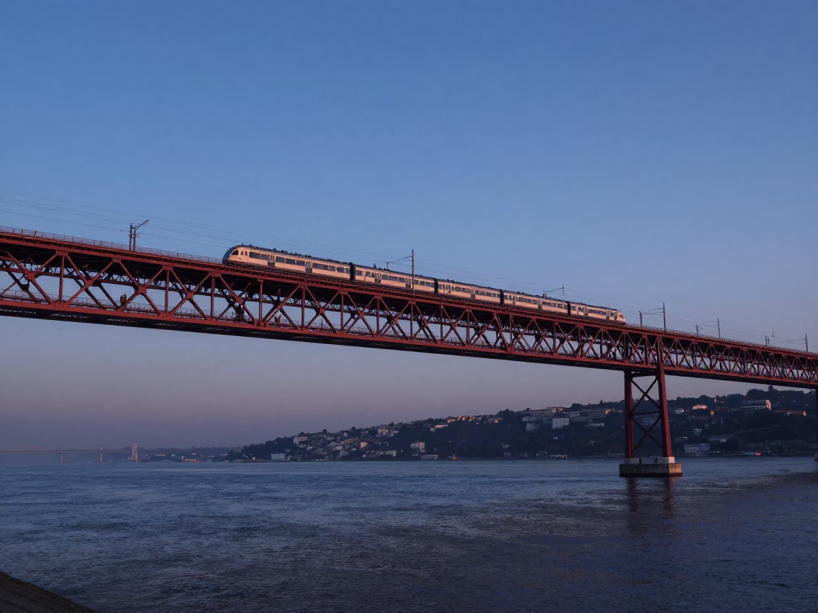 Blue Hour Commuter Train Crossing Lisbon Bridge Before Sunrise in in Lisbon, Portugal