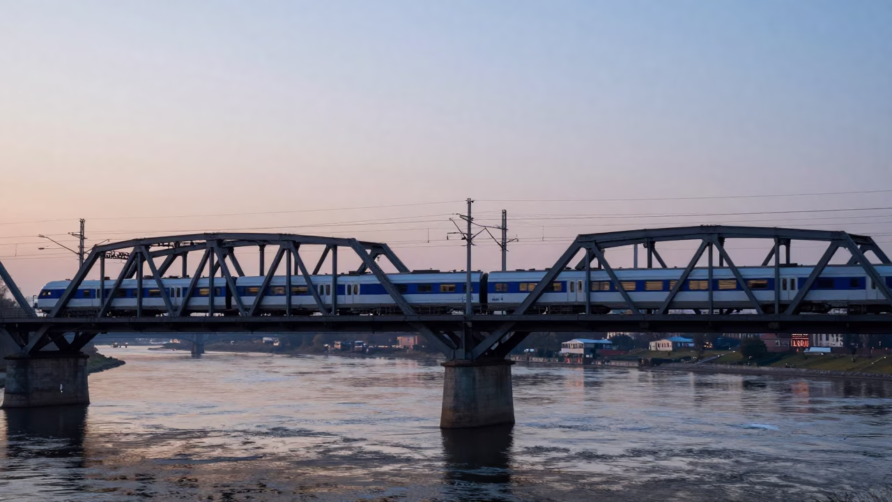 Blue Hour Commuter Train Crossing Vistula Bridge in Pre-Dawn Krakow Poland in in Krakow, Poland