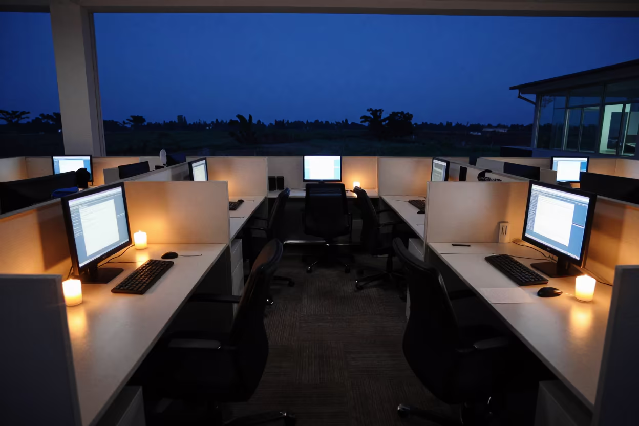 Blue Hour Compliance Station in Dar es Salaam Office in in an operations center under monitor glow in Dar es Salaam