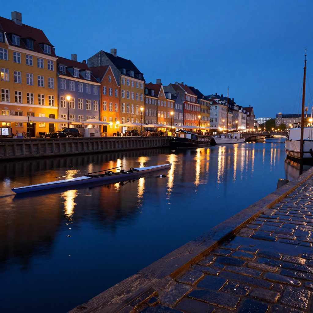 Blue Hour Copenhagen Canal Reflections with Rowing Shell and Wet Cobblestones in in Copenhagen, Denmark