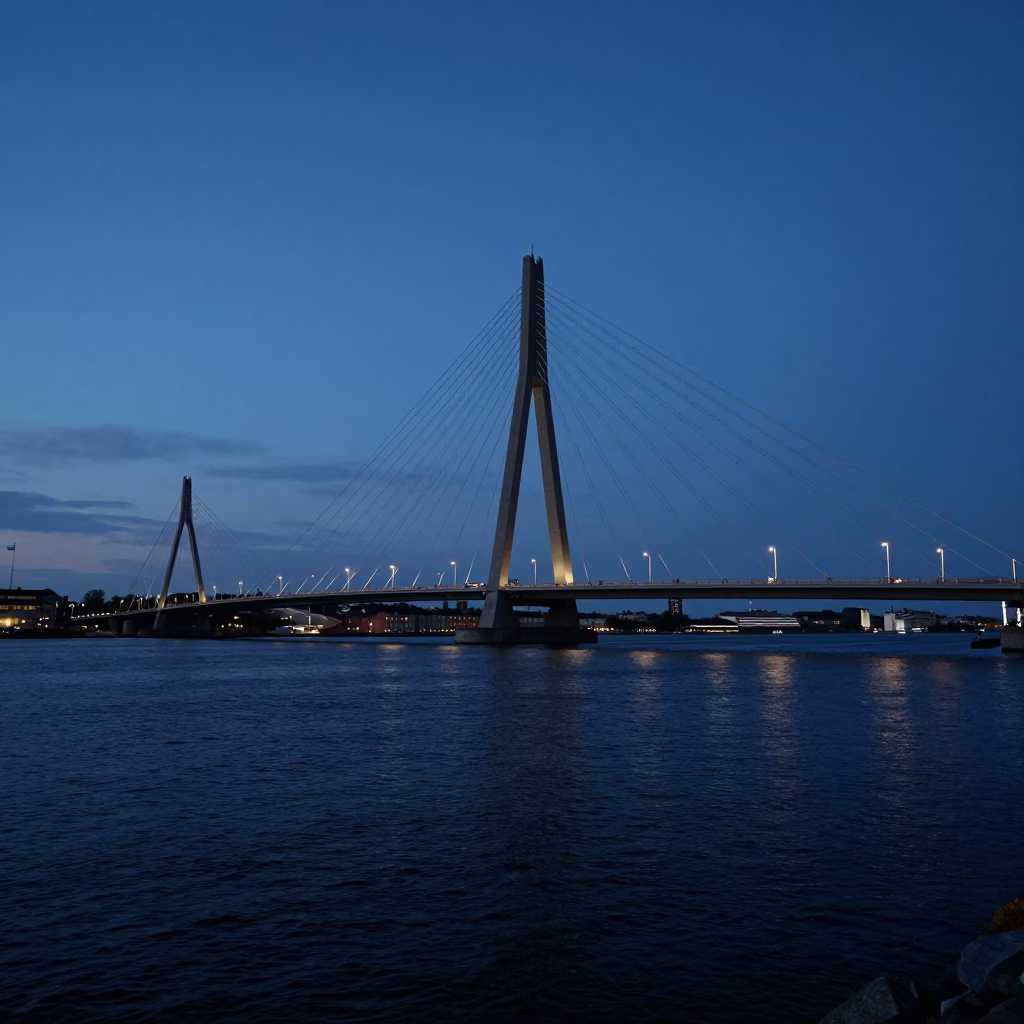 Blue Hour Copenhagen Harbor Cable-Stayed Bridge Illuminated Against Dark Water in in Copenhagen, Denmark