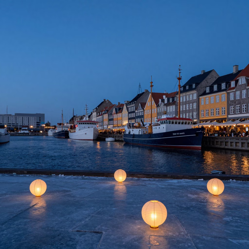 Blue Hour Copenhagen Harbor Scene with Paper Lanterns and Icebreaker Vessels in in Copenhagen, Denmark